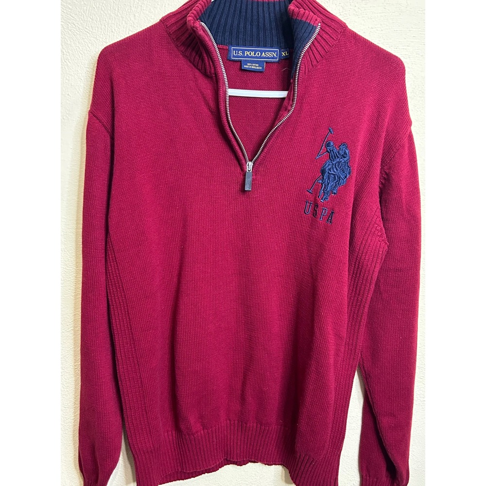 US Polo Assn Mens Red Quarter‎ Zip Long Sleeve Sweater Knit Cotton XL